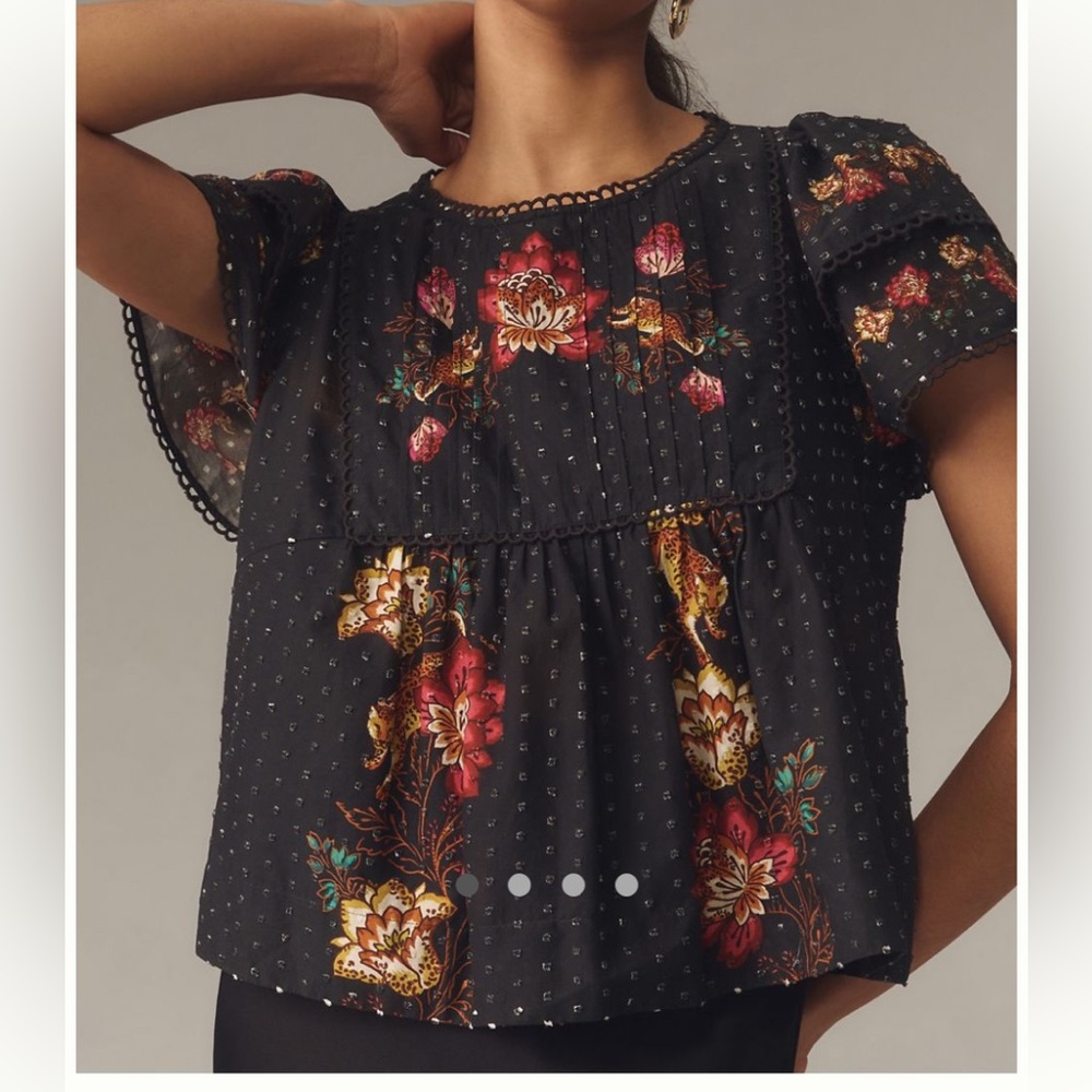 NWOT FARM Rio Black fluttered-Sleeve Textured Blouse XXS
